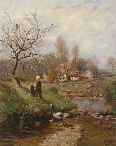 Spring Landscape with Two Children and Geese by Adolf Lins